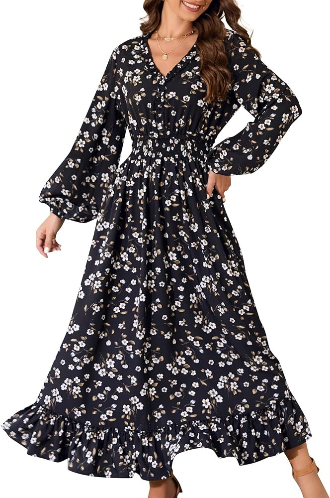 MISSKY Casual V Neck Boho Floral Print Wedding Guest Maxi Dresses for Women Bohemian Flowy Maxi Dres | Amazon (US)