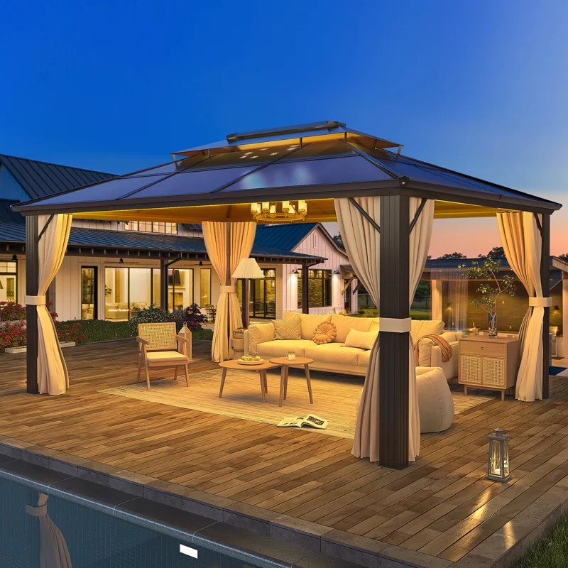 13 Ft. W x 10 Ft. D Outdoor Gazebo, Aluminum Frame Pergola with Double Roof Canopy, Permanent Pav... | Wayfair North America