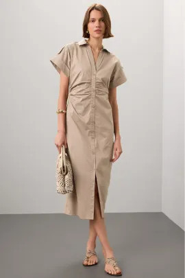 Beige Ruched Shirt Dress | Rent the Runway