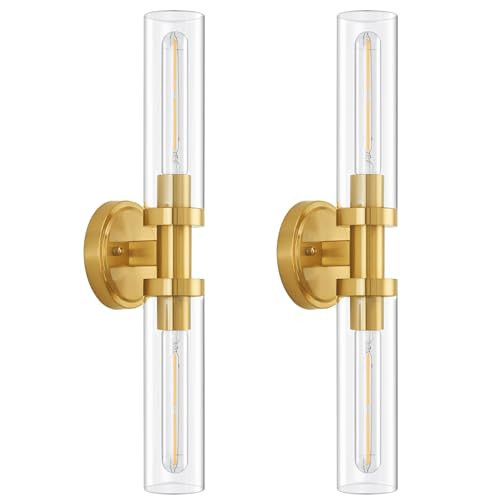 SANTOSTOCK Hardwired Wall Sconces Set of 2, Brushed Gold Bathroom Wall Sconces Vanity Light Fixture with Clear Glass, Modern Farmhouse Wall Lights for Bathroom Mirror Living Room Hallway Kitchen | Amazon (US)