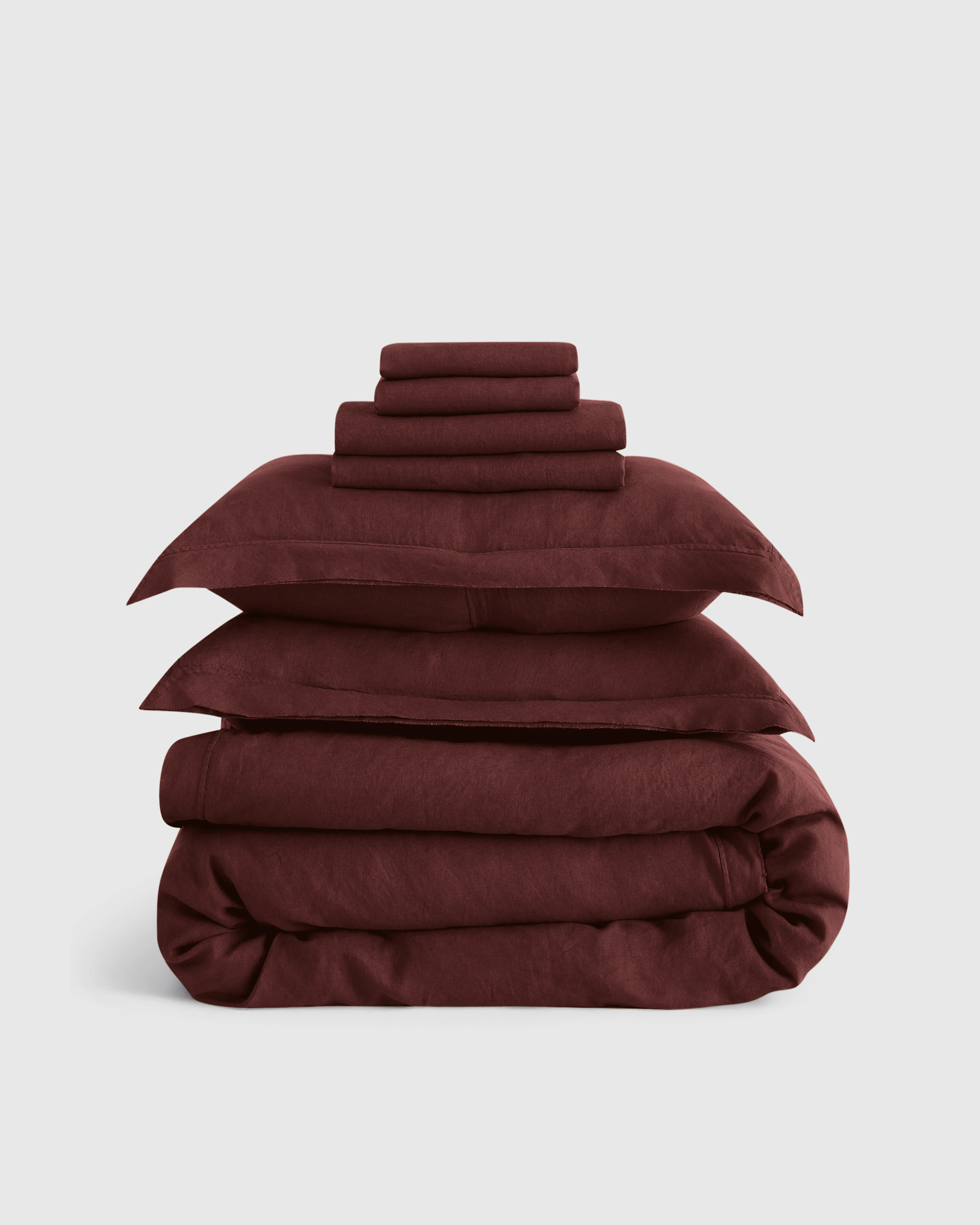 Quince | European Linen Double Flange Deluxe Bedding Bundle in Burgundy, Size Full | Quince