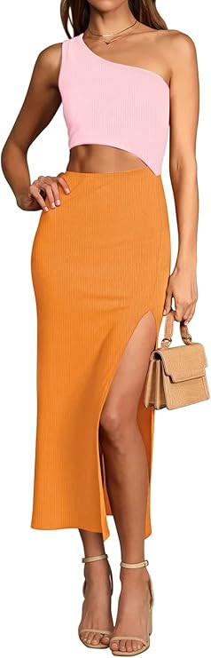 TEWWEY Women's One Shoulder Bodycon Dresses Sleeveless Cut Out Knit Ribbed Midi Dresses with Side... | Amazon (US)