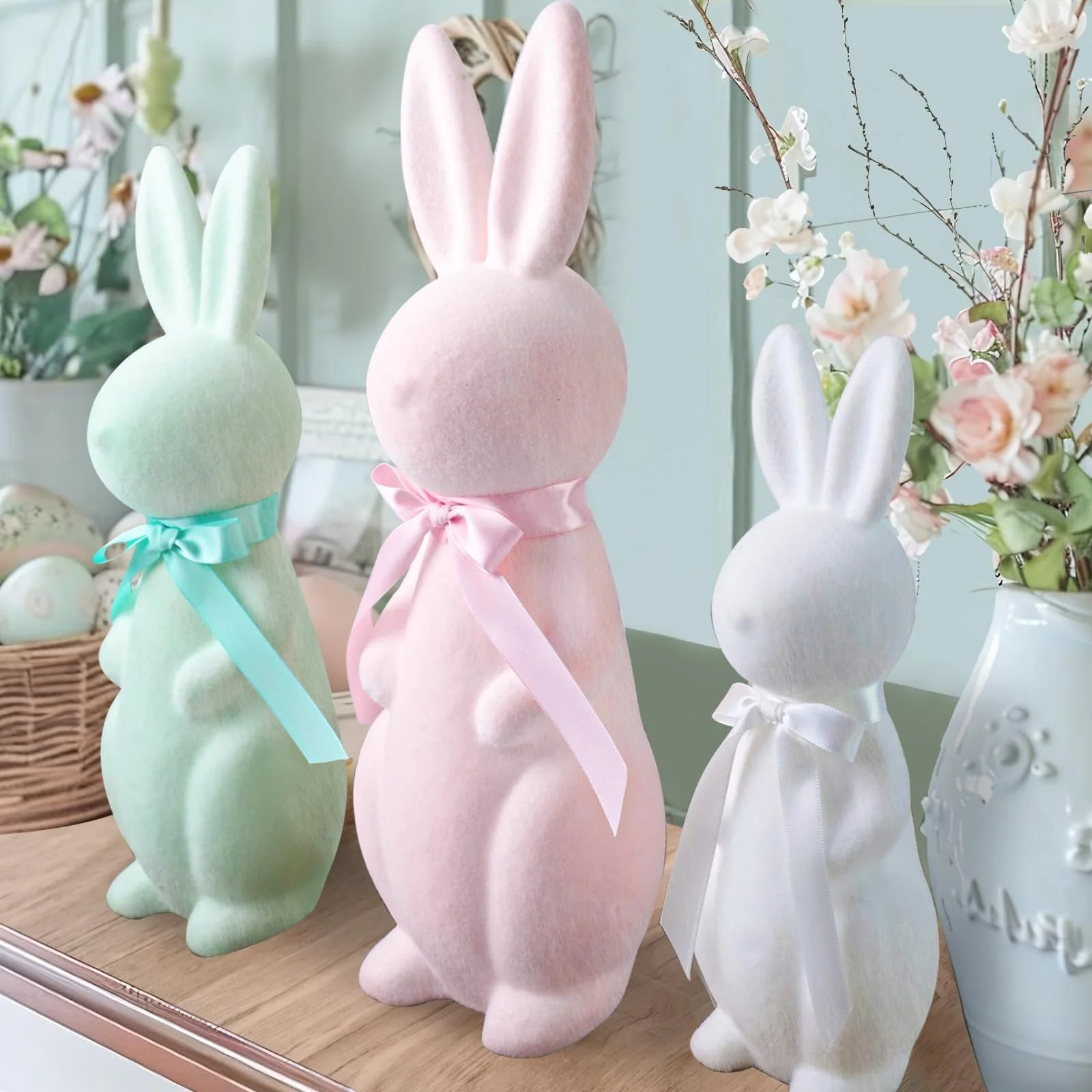 Large Flocked Easter Bunny Kit 3-Pack, Solid Color Rabbit Figurines as Spring Table Centerpieces ... | Walmart (US)