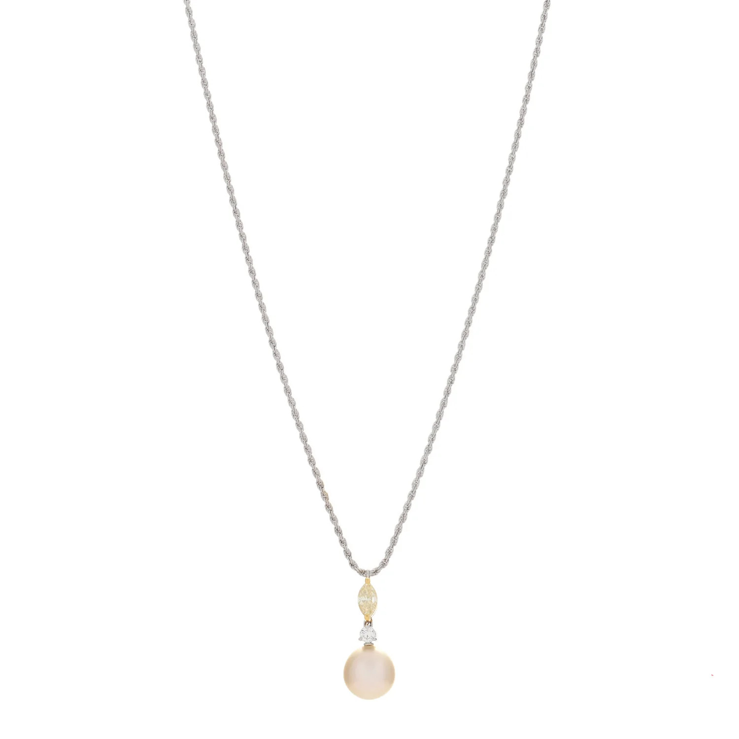 18K White Yellow Gold Diamond Pearl Drop Cluster Pendant Necklace | FASHIONPHILE (US)
