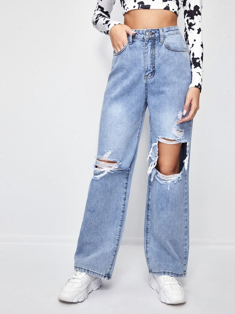 Ripped Washed Straight Leg Jeans | SHEIN
