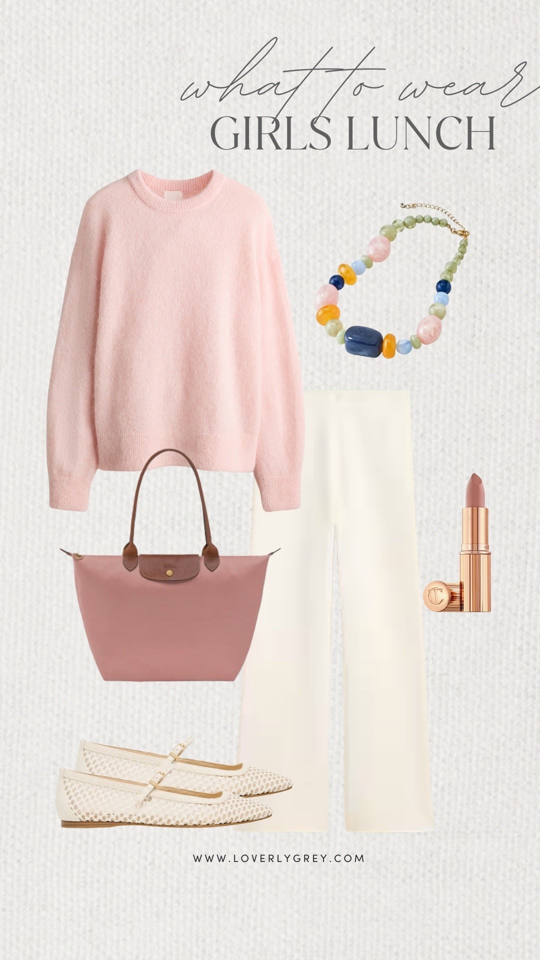Loverly Grey, what to wear to a girls lunch! A pair of comfortable white pants with a long sleeve pink sweater. Accessorize the look with a colorful beaded necklace from Target, long champ bag, and Mary Jane flats! Loverly Grey, what to wear, girls lunch 

#LTKgrwm #LTKootd #LTKSeasonal