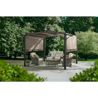 Hampton Bay Orchard Park 13 ft. x 11 ft. Brown Steel Arched Beam Pergola with Sling Canopy A10600... | The Home Depot
