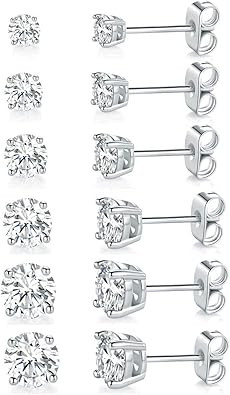 18K White Gold Plated 4 Pong Round Clear Cubic Zirconia Stud Earring Pack of 6 Pairs (6 Pairs) | Amazon (CA)