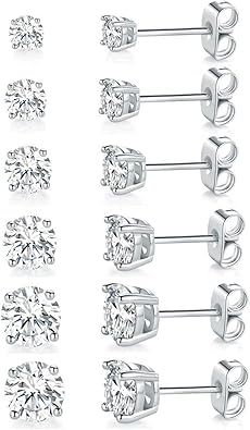 18K White Gold Plated 4 Pong Round Clear Cubic Zirconia Stud Earring Pack of 6 Pairs (6 Pairs) | Amazon (CA)