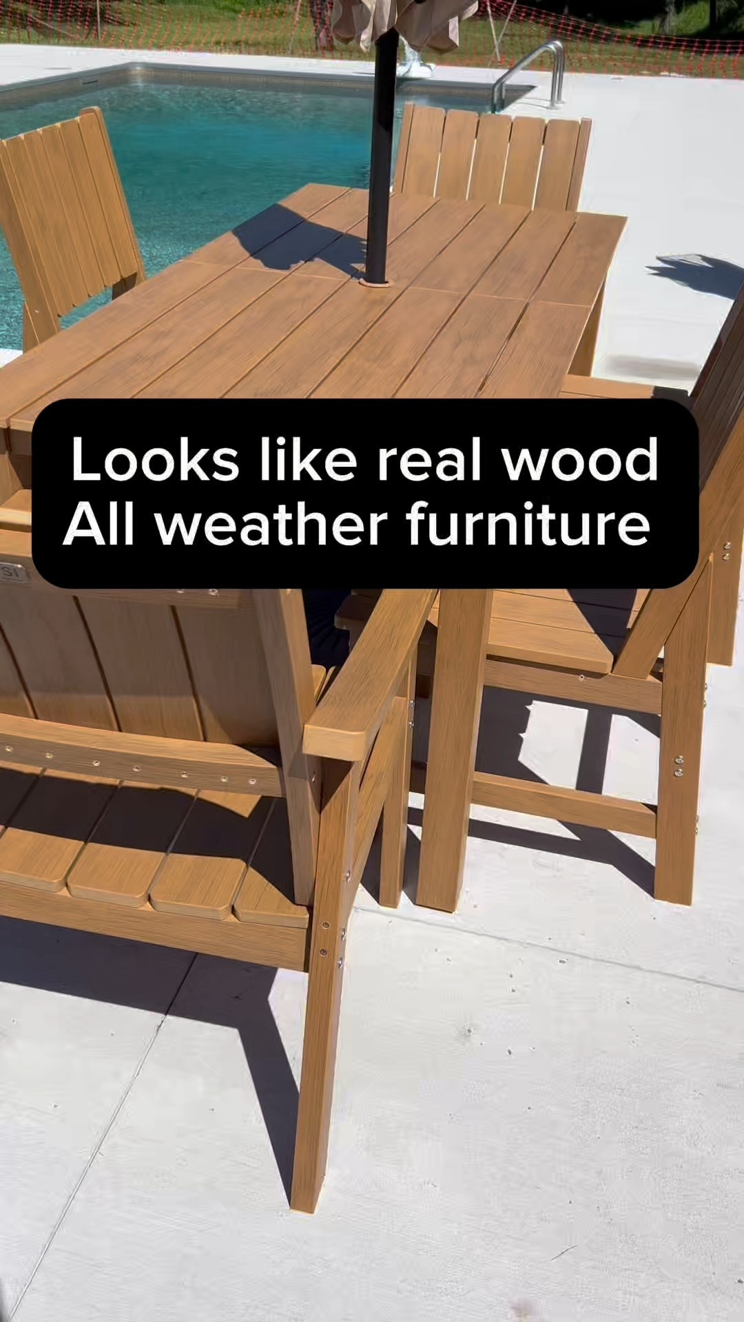 Teak wood looking all weather patio table and chairs . Pool furniture plastic wood heavy duty doing chairs

#LTKSwim #LTKSeasonal #LTKHome
