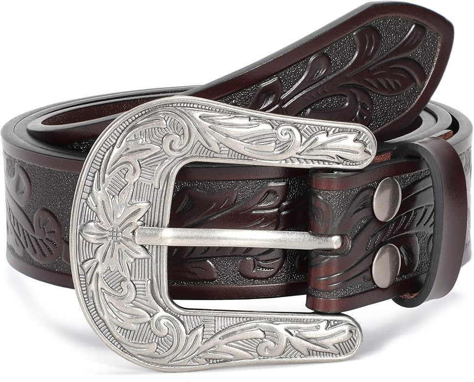 XZQTIVE Women Men Genuine Leather Belt Vintage Ladies Western Belt Engraved Tooled Leather Belt C... | Amazon (US)