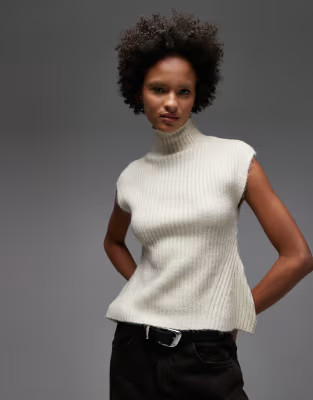 ASOS DESIGN rib knit high neck tank top in ecru | ASOS (Global)