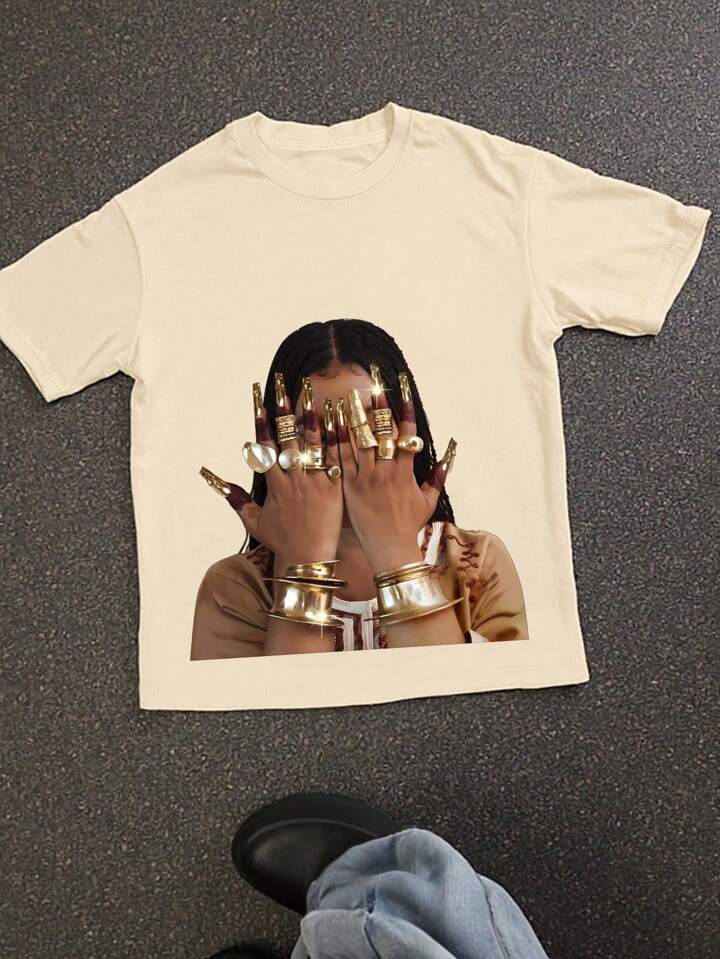 INAWLY Women's Figure Print Round Neck Casual Loose Short Sleeve T-Shirt | SHEIN