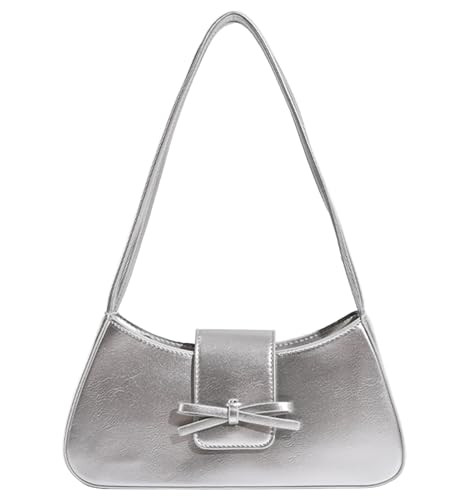 Silver Shoulder Bag, Y2K Trendy Purse Vegan Leather Hobo Handbags Clutch Bag Cute Bow Purse for Women | Amazon (US)