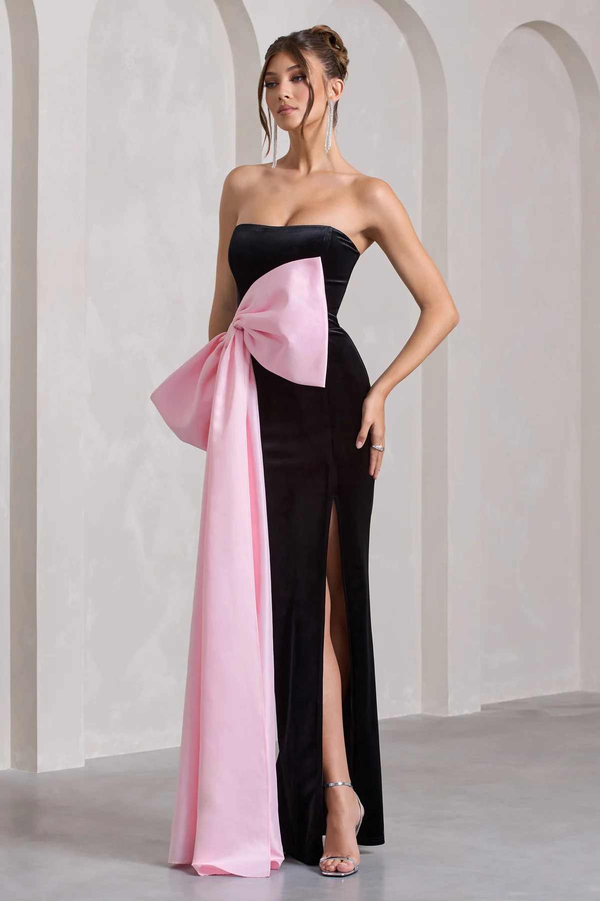 Best Wishes | Black Velvet Bandeau Split Maxi Dress With Oversized Pink Bow | Club L London