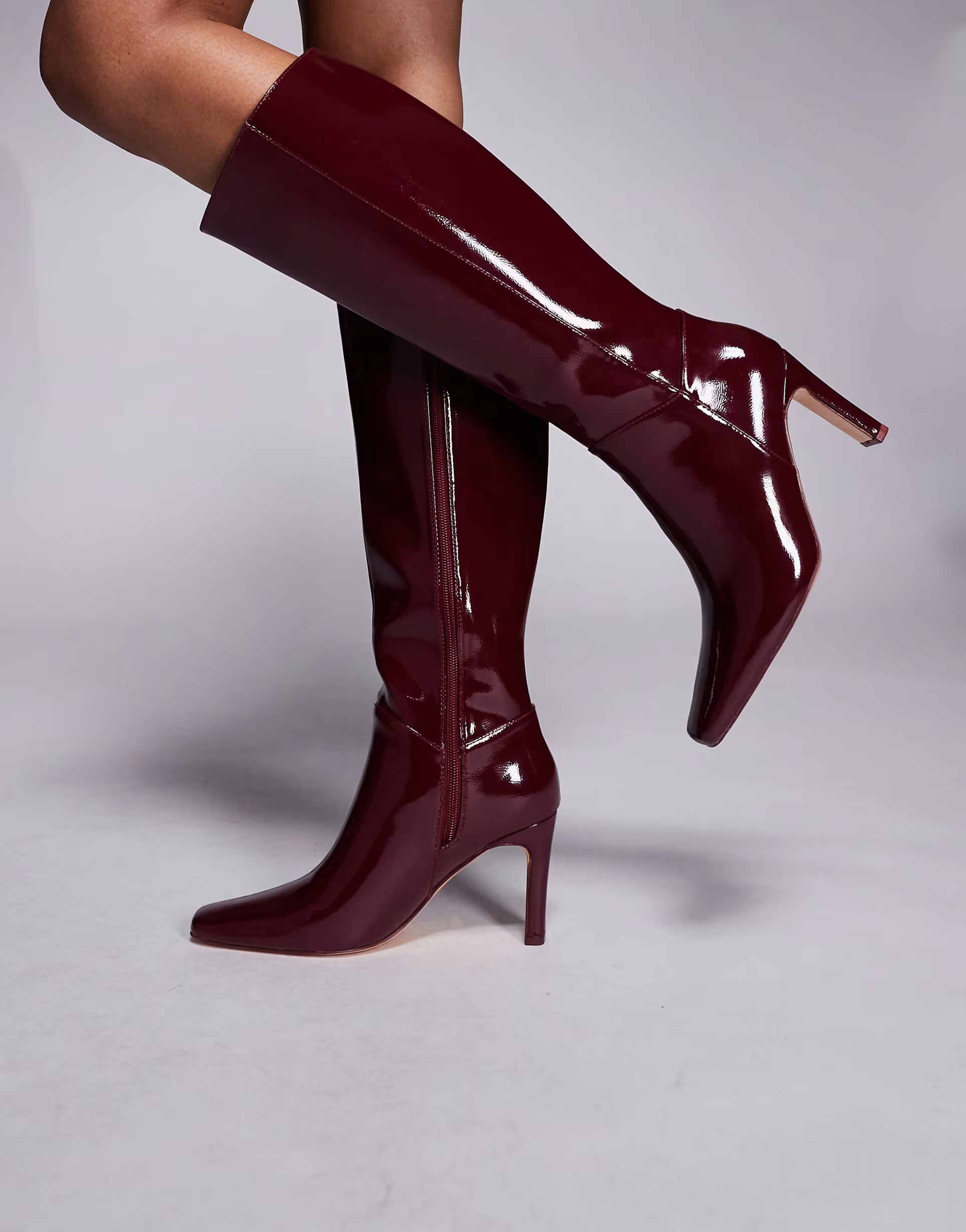 Public Desire Pose square toe heeled knee boots in burgundy | ASOS (Global)