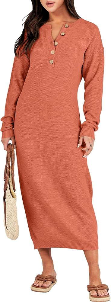 ANRABESS Women Long Sleeve Button V Neck Oversized Casual Loose Fit Waffle Knit Fall Midi Sweater... | Amazon (US)
