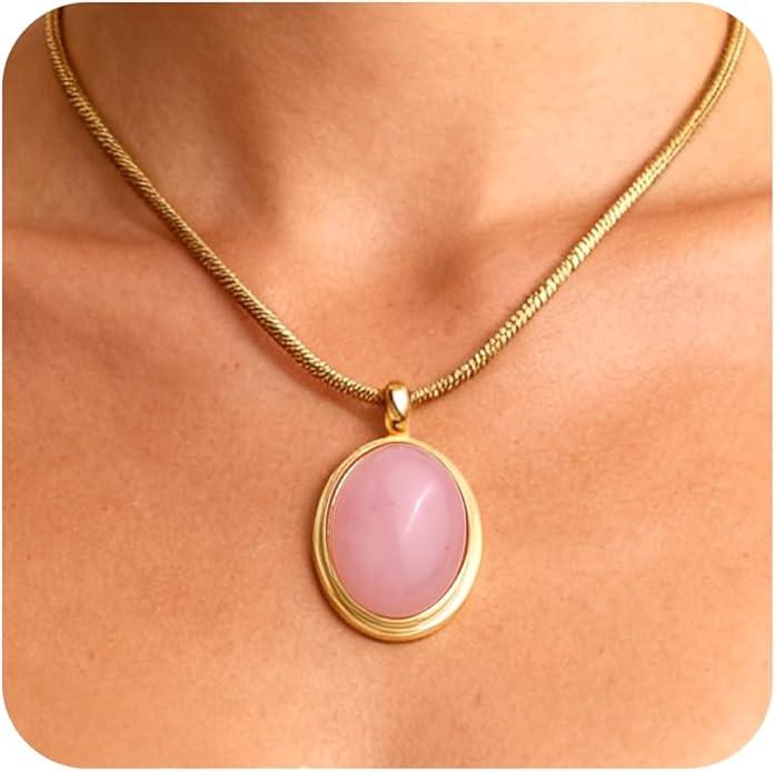 Sonateomber Gold Stone Pendant Necklace for Women, Chunky Statement Dainty Heart Oval Natural Gem... | Amazon (US)