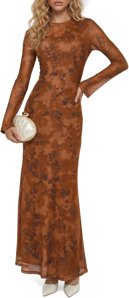 Wenrine Womens Long Sleeve Maxi Dress Floral Mesh Wedding Guest Dresses | Amazon (US)