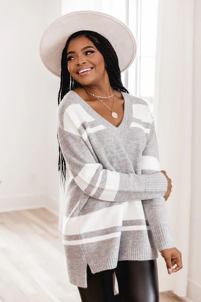 Past Decisions Grey Striped V-Neck Sweater | The Pink Lily Boutique
