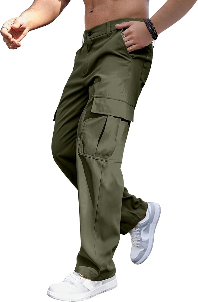 Comdecevis Mens Casual Cargo Pants Baggy Straight Leg Sweatpants with Large Flap Pockets Hiking S... | Amazon (US)