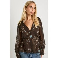 boohoo Women's Ruched Waist Floral Blouse in Brown | Size: 4 | Denim/Chiffon | boohoo (US & Canada)