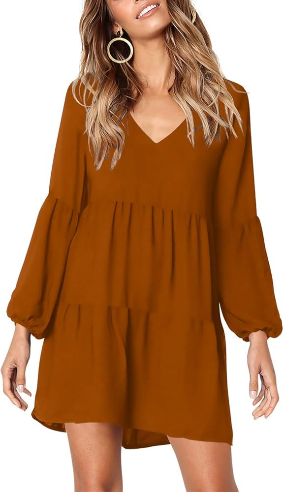Amoretu Women Summer Tunic Dress V Neck Casual Loose Flowy Swing Shift Dresses | Amazon (US)