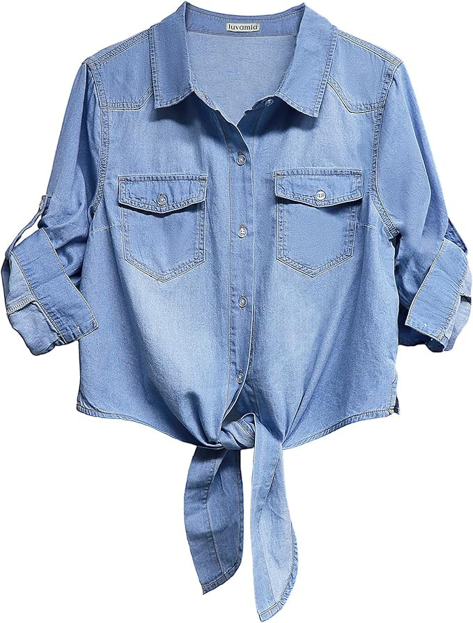 luvamia Denim Tops for Women Trendy Button Down Denim Shirt Tie Front Blouse 3/4 Sleeve Jean Cham... | Amazon (US)