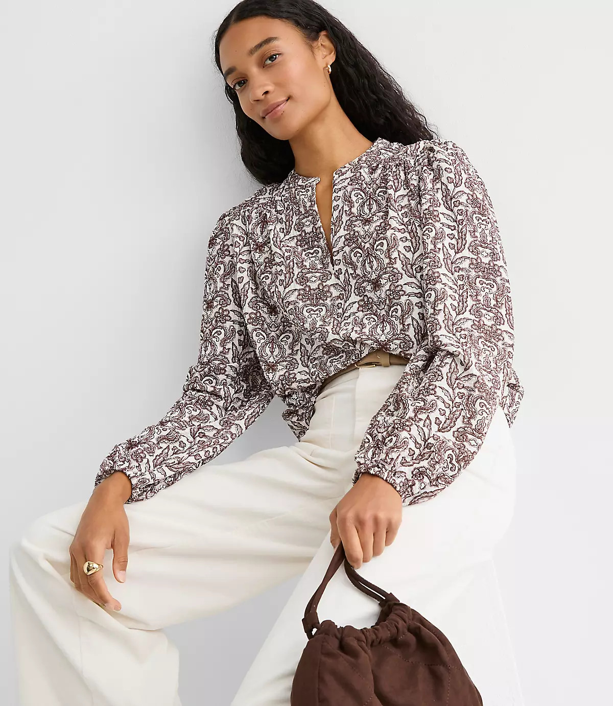 Lace Garden Crinkle Knit Split Neck Blouse | LOFT