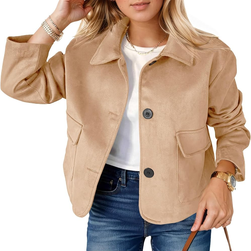 Tankaneo Womens Faux Suede Leather Jackets Casual Cropped Coats Vintage Button Down Shackets | Amazon (US)