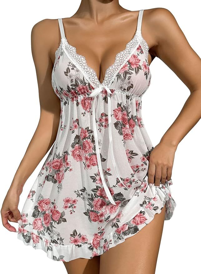 SweatyRocks Women's Sleepwear Sexy Babydoll Chemise Nightgown Lace Trim Floral Lingerie Dress | Amazon (US)