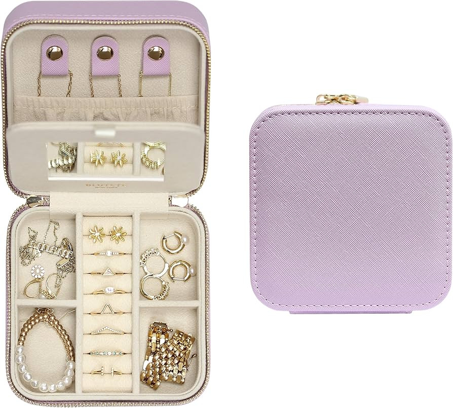 BLUTETE Saffiano Leather Travel Jewelry Box with Mirror | Portable Jewelry Zipper Case | Multi Co... | Amazon (US)