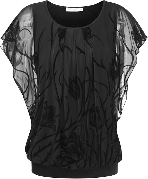 BAISHENGGT Women's Printed Flouncing Flared Short Sleeve Mesh Blouse Top | Amazon (US)