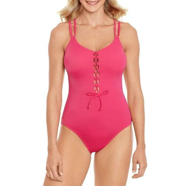 Time and Tru Women's Fuschia Burst Lace Up One Piece Swimsuit | Walmart (US)