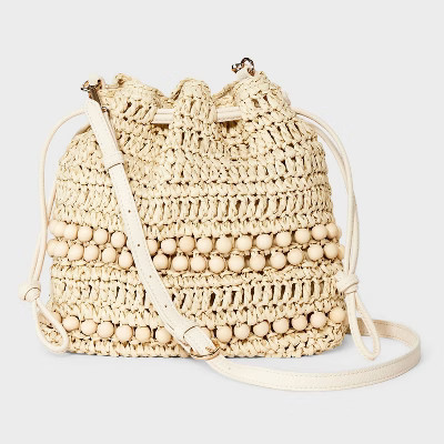 Straw Beaded Drawstring Crossbody Bag - Universal Thread™ Light Beige: Knit Paper Straw, Unstructured | Target