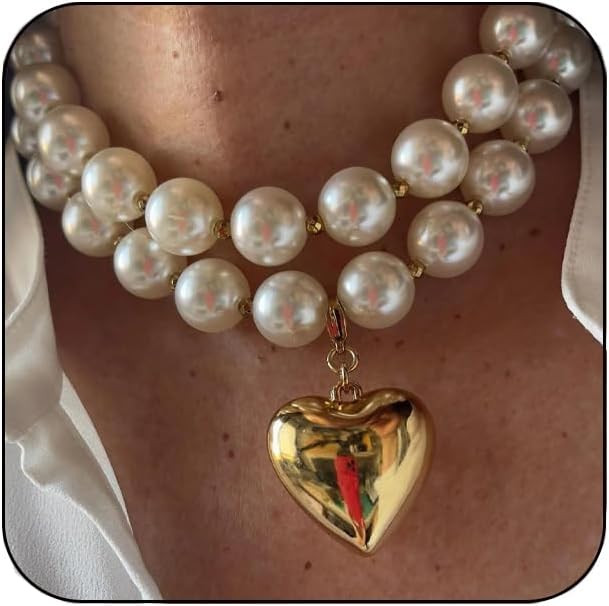 Pearl Necklace for Women,Dainty Heart Pearl Beads Pendant Necklaces Chunky Gold Bead Choker Neckl... | Amazon (US)