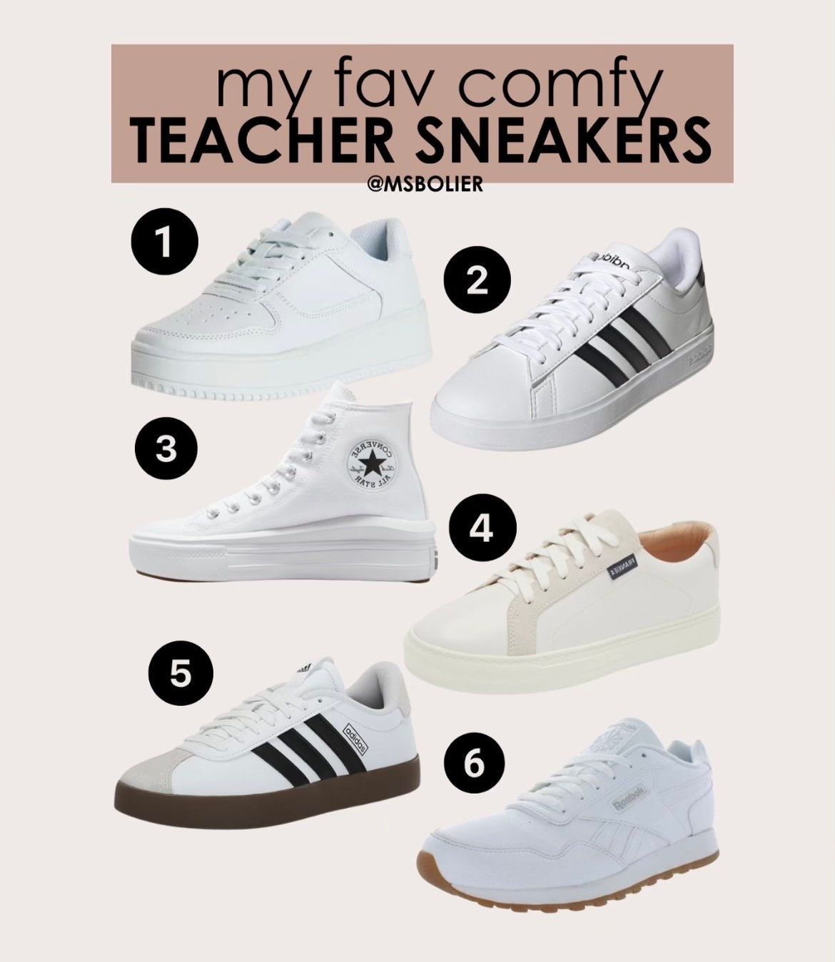 my fav comfy teacher sneakers!!! 
1: I prefer my true size in the wide fit— size up half if not getting wide fit
2: true to size 
3: true to size— this style makes them more comfortable!
4: size up half— podiatrist designed and worth the investment if you’re serious about having supportive shoes!
5: true to size— very much on trend and this color combo goes with everything 
6: true to size— more of an athletic look but the white still go with everything 

| sneakers | comfy shoes | teacher shoes | summer shoes 

#LTKSeasonal #LTKShoeCrush #LTKWorkwear