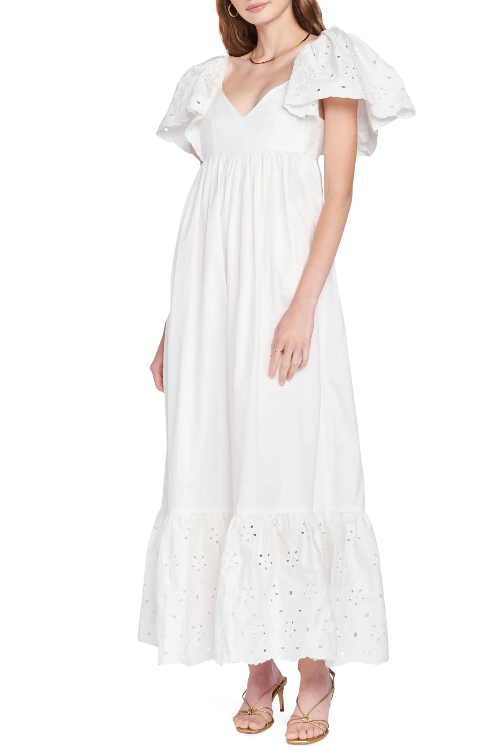 Eyelet Detail Flutter Sleeve Poplin Maxi Dress | Nordstrom