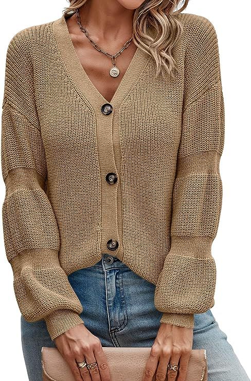 Angashion Women Cardigan Long Sleeve - 2023 Fall Sweater Knit Button Down V Neck Tops | Amazon (US)