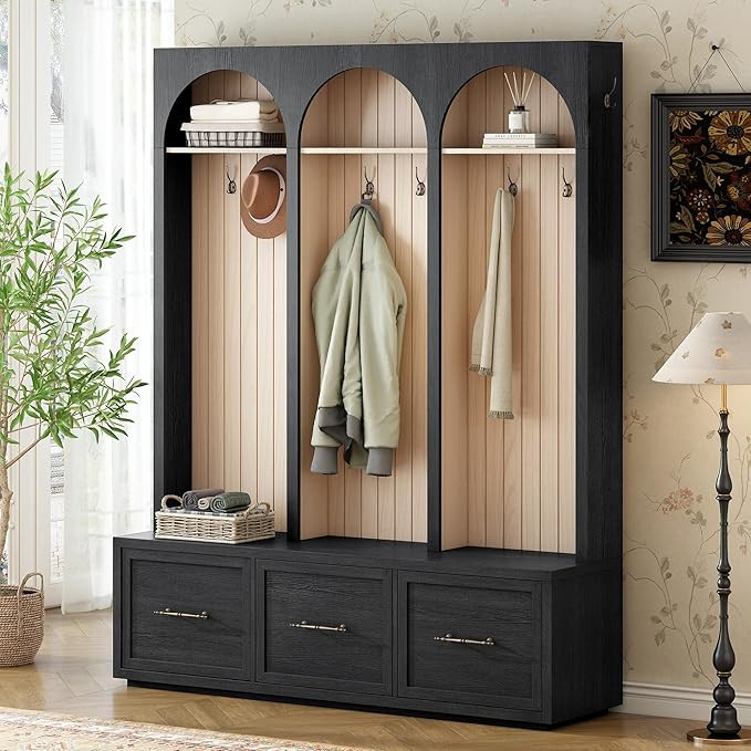 Merax Farmhouse Wood Hall Tree with 8 Hooks and Shoe Bench, Mudroom Versatile Coat Racks with 3 D... | Amazon (US)