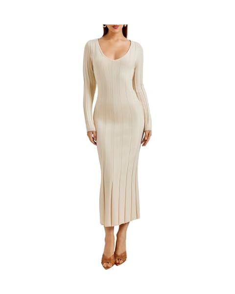 Women Bell Long Sleeve Knit Maxi Dress Crewneck Ribbed Bodycon Long Dress Slim Fit Y2K Sweater Dr... | Amazon (US)
