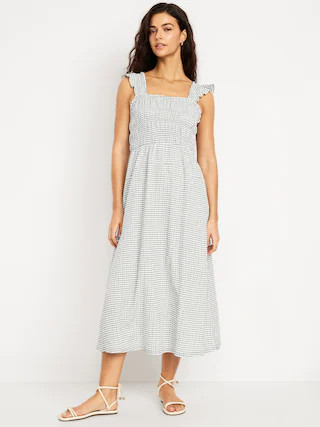 Fit & Flare Lightweight Smocked Gingham Midi Dress | Old Navy (CA)