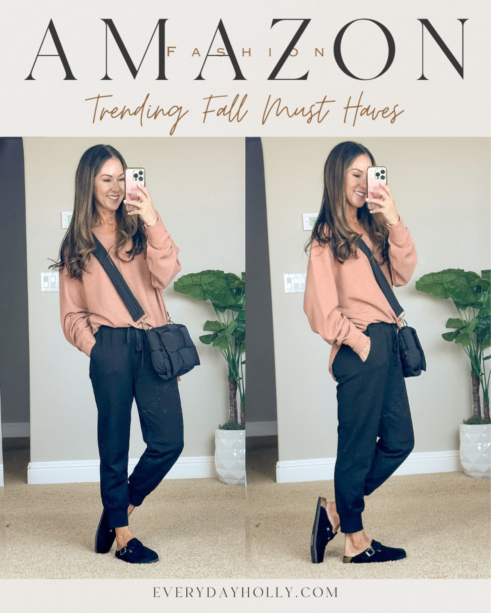 Sale alert 10% off and 37% off Lookalike fall fashion trends!  Inspired by Free People and l Birkenstock these are must haves for fall.  This ribbed v neck off the shoulder top is so well made and comfy- small. sherpa lined clogs inspired by Birkenstocks.  Cropped fleece lined joggers Petite friendly as full length joggers size xs.  Puffer weave crossbody perfect for everyday athleisure mom style 

#LTKsalealert #LTKfindsunder50 #LTKover40