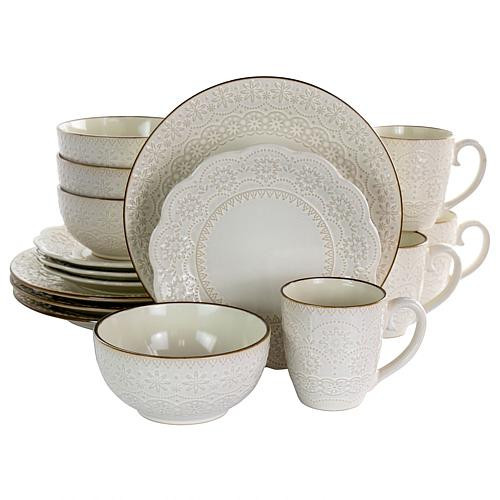 Elama Contessa 16 Piece Embossed Scalloped Stoneware Dinnerware Set in Ivory | HSN