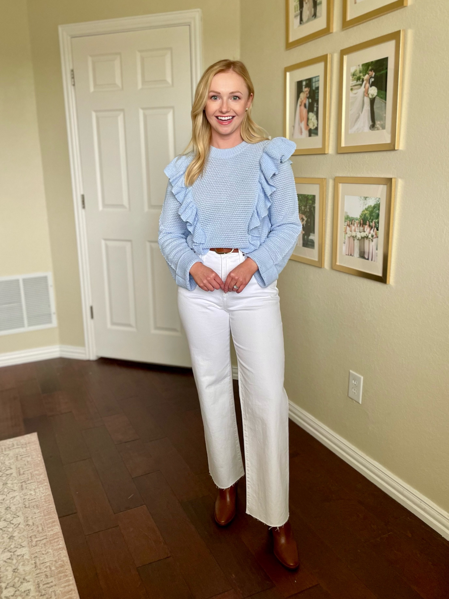 Periwinkle ruffle sweater for spring, wearing an XS | white jeans, wide leg jeans, ruffle sweater, spring outfit, spring top 

#LTKfindsunder50 #LTKstyletip #LTKSeasonal