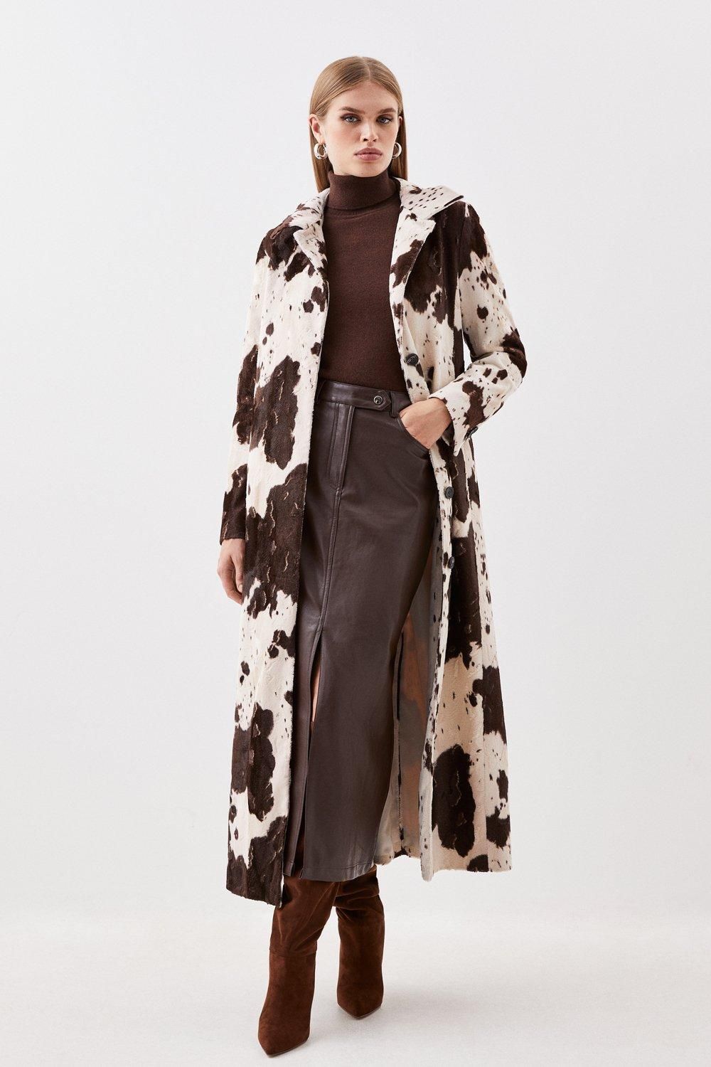 Signature Faux Ponyskin Cow Print Collared Midi Coat | Karen Millen US