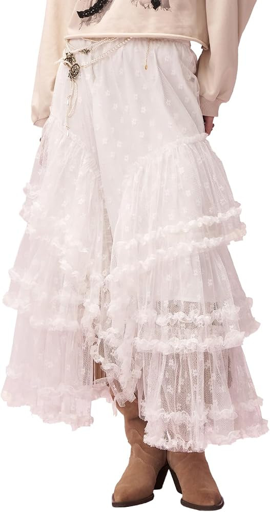 White Tulle Midi Skirt for Women, 3D Lace & Ruffle Layered Princess Skirt | Amazon (US)
