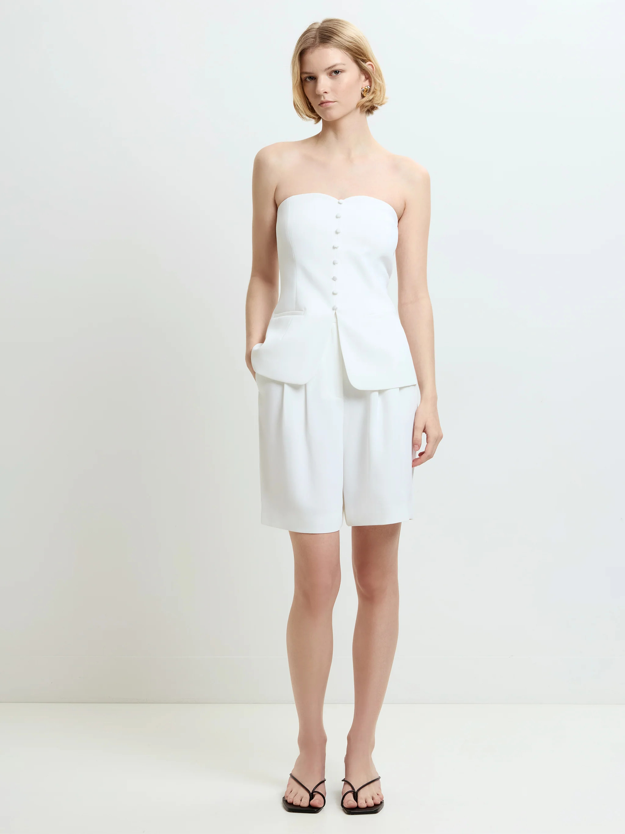 Harrie Tailored Faux Button White Strapless Top | French Connection (UK)