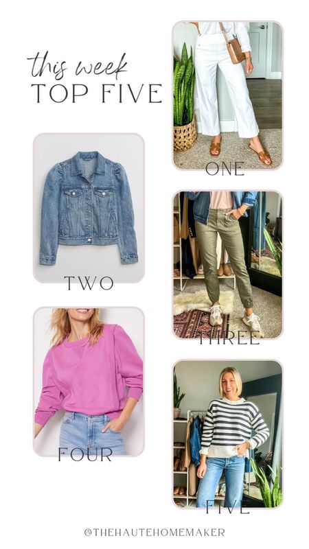 This week top five - spanx wide leg pants - gap jean jacket - banana republic utility pants - pink sweater - H&M stripe sweater 

#LTKSeasonal #LTKFind #LTKstyletip