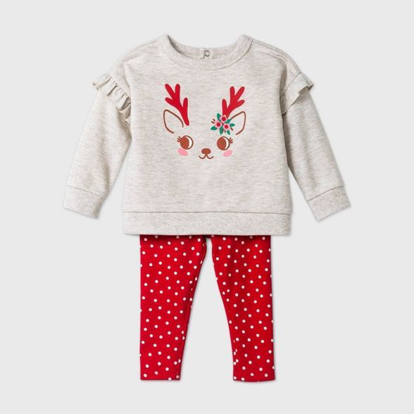 Baby Girls' Reindeer Top & Bottom Set - Cat & Jack™ Oatmeal Heather | Target